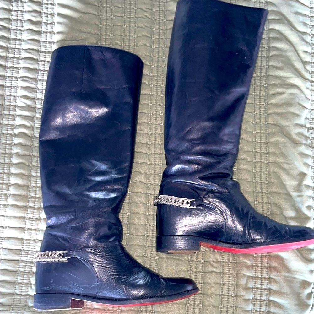 Louboutin equestrian riding knee high boots with chain detail embellishment 38.5